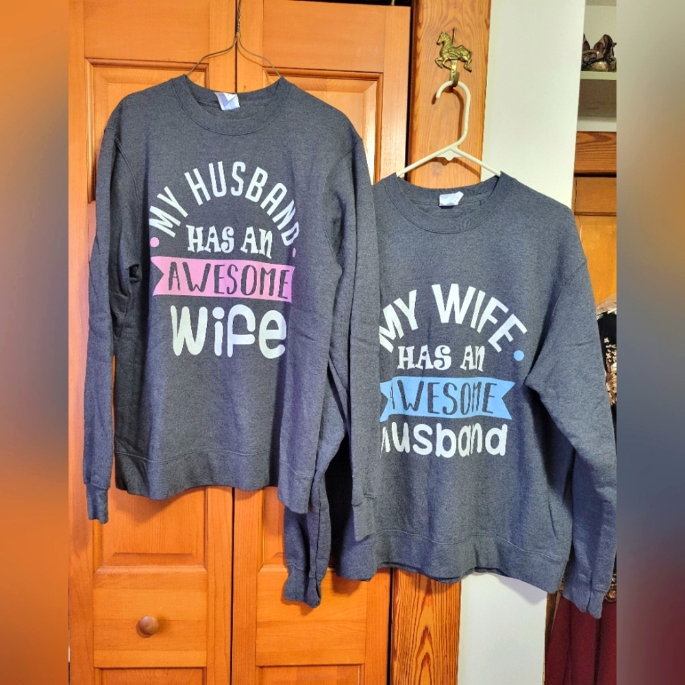 Couple's Matching Gray Sweatshirts - Awesome Wife and Husband LG Medium